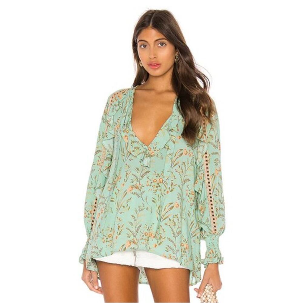 Spell & The‎ Gypsy Maisie Blouse Floral Print Bohemian Ladder Lace Green XS